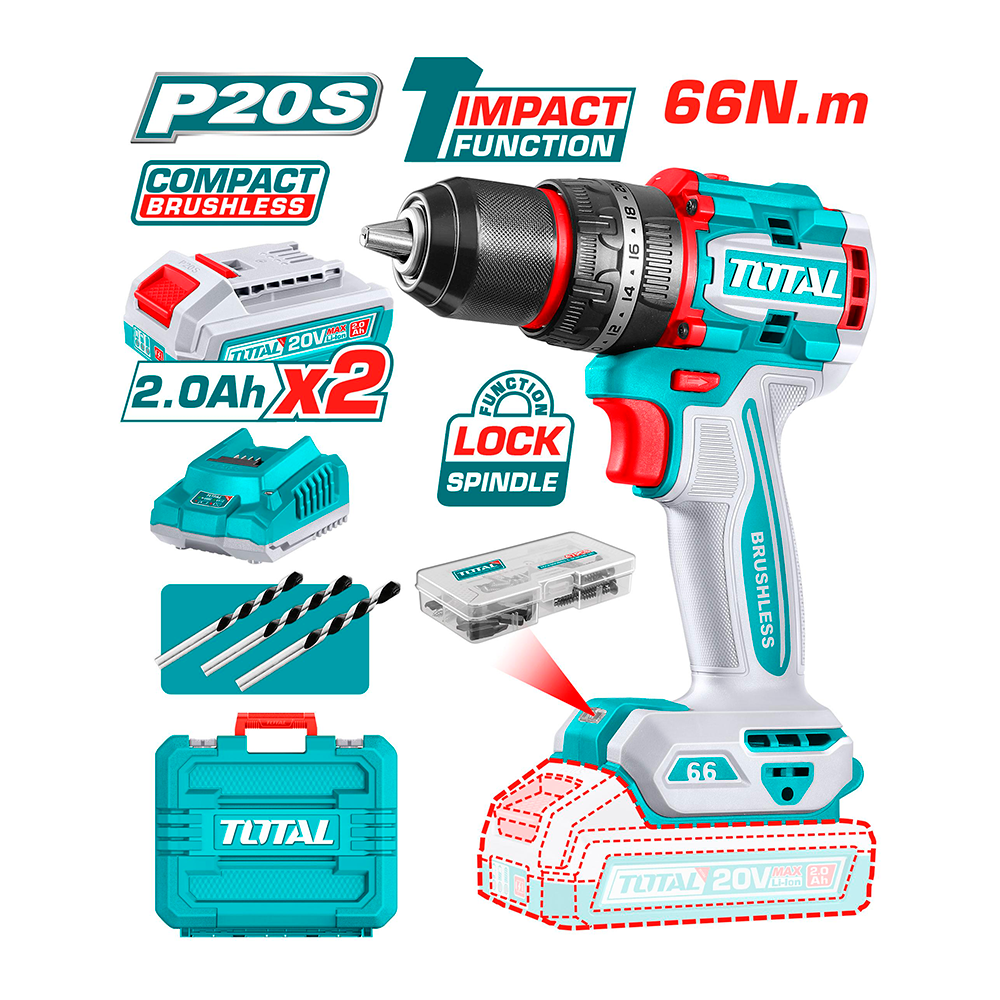 TIDLI20668 Taladro Atornillador PERCUTOR BRUSHLESS 66N.m. 20V c/ Chuck Metálico 13mm TOTAL