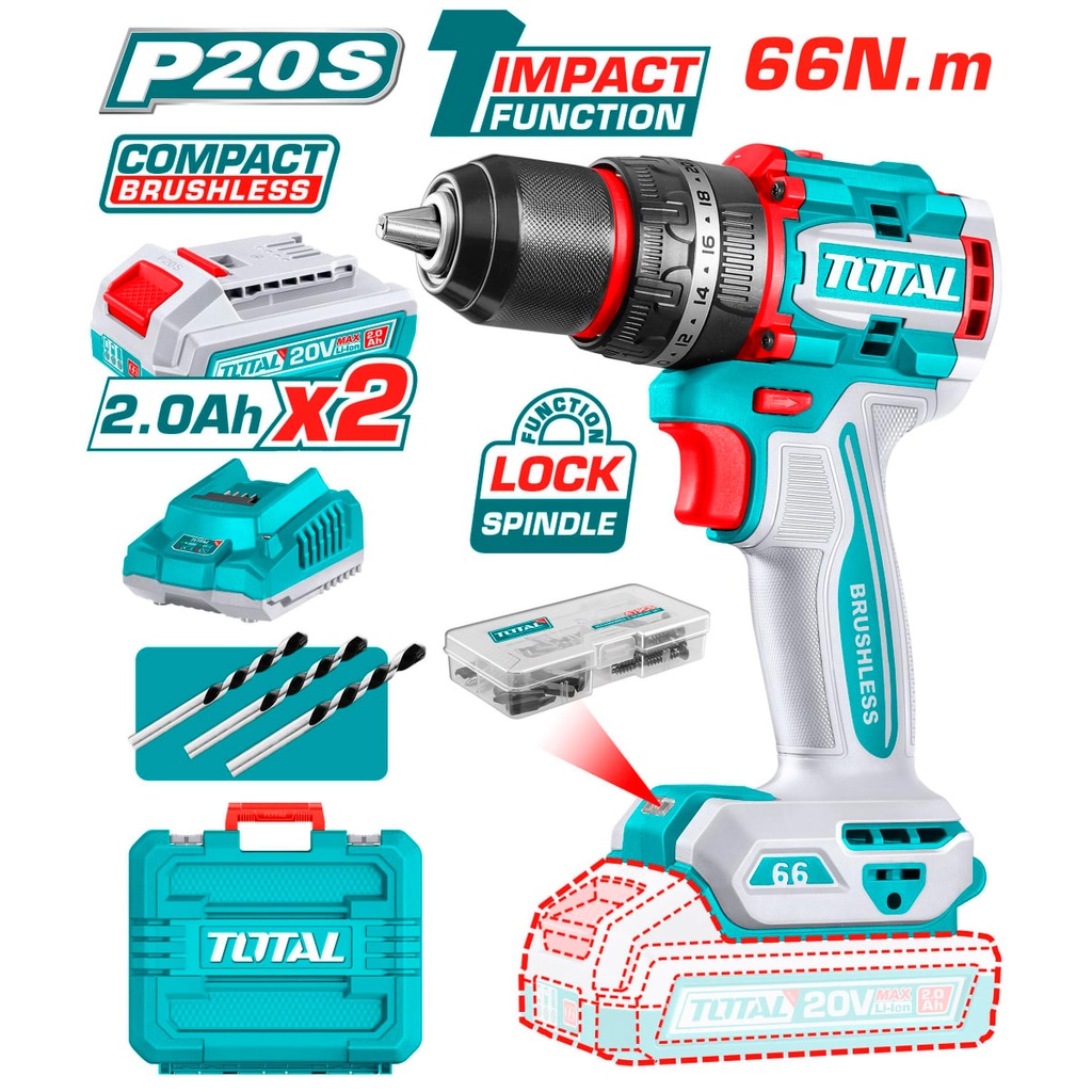 [TDLI20668] TDLI20668 Taladro Atornillador PERCUTOR BRUSHLESS 66N.m. 20V c/ Chuck Metálico 13mm TOTAL